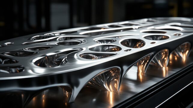 Close-up of a Complex Metal Part with Intricate Details and Glowing Orange Accents