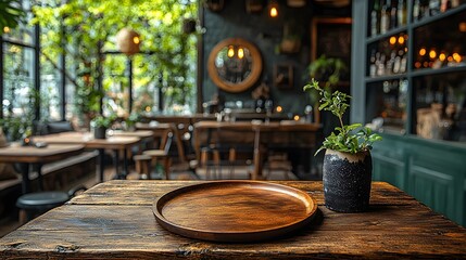 Fototapete - Cozy countryside bar setting with a wooden plate and table in the foreground surrounded by natural textures greenery and warm inviting tones that create a serene rustic atmosphere