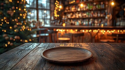 Fototapete - Cozy Rustic Bar Interior with Warm Countryside Ambiance and Wooden Plate on Rustic Table in the Foreground Surrounded by a Golden Bokeh Glow for a Cozy and Inviting Atmosphere