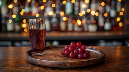 Poster - Cozy Rustic Bar Scene with Wooden Plate and Table in the Foreground Surrounded by a Soft Bokeh Glow for a Warm and Inviting Atmosphere