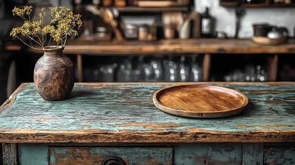 Fototapete - Cozy rustic countryside bar scene featuring a weathered wooden table with a simple wooden plate ideal for product mockups rustic themed photography or creating a warm inviting atmosphere