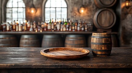 Fototapete - Cozy Rustic Wooden Bar Setting with Weathered Table Vintage Lighting Fixtures and Barrels Completing the Inviting Ambiance of this Traditional Interior Design Scene