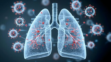 Aufkleber - Detailed digital 3D X ray of human lungs with widespread red viral particles and dark blue gradient for enhanced emphasis