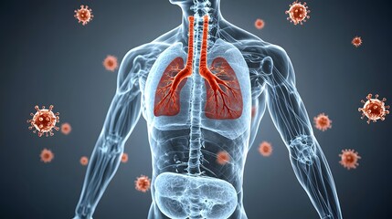 Aufkleber - Detailed scientific X ray image depicting a human figure with red viral particles infecting the lungs and spreading throughout the body illustrating the impact of a respiratory illness or pandemic