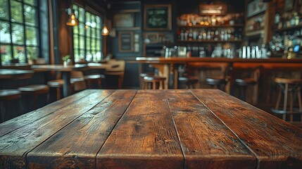 Fototapete - Detailed rustic wooden table boards in the foreground set against a warm and inviting countryside bar interior with a vintage aesthetic and decor elements like antique shelves bottles and bar stools