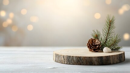 Fototapete - Detailed side view of a rustic wooden plate used as a background enhanced by a warm bokeh glow creating a cozy and natural setting perfect for festive holiday or winter themed designs