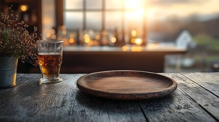 Fototapete - Detailed wooden plate positioned on a weathered rustic table in the foreground set against the blurred backdrop of a cozy countryside bar with warm inviting tones  The scene evokes a peaceful