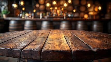 Poster - Detailed wooden table in the foreground with a rustic countryside bar background featuring barrels and soft lighting creating a cozy and inviting atmosphere