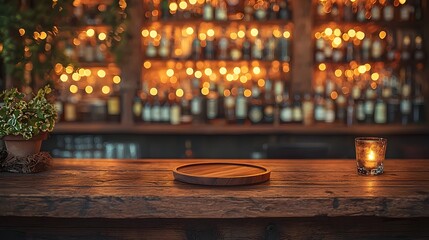 Fototapete - Dreamy and Cozy Countryside Bar Scene with a Rustic Wooden Plate Resting on a Wooden Table Surrounded by a Gentle Golden Bokeh Glow and Warm Lighting Creating a Serene and Inviting Atmosphere