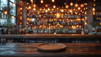 Poster - Dreamy and cozy countryside bar setting with a wooden plate on a table in the foreground surrounded by glowing warm bokeh lights creating a relaxing and intimate atmosphere
