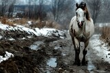 A powerful horse in mid-gallop, captured with dramatic brushwork on a pristine white background. Beautiful simple AI generated image