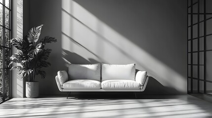 Poster - Elegant minimalist sofa chair set against a bright white studio backdrop with warm and inviting sunlight streaming through the windows creating a clean and contemporary aesthetic