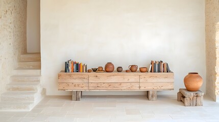 Poster - Elegant wooden cabinet showcasing books pottery and other decor items against a simple white wall in a sophisticated minimalist living room setting