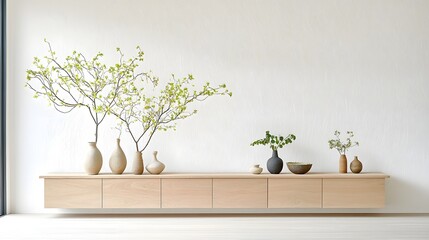 Poster - Elegant wooden cabinet adorned with ceramic vases and lush greenery set against a pristine white wall creating a serene and modern living space