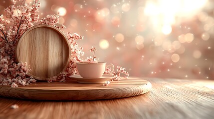 Fototapete - Elegant wooden plate backdrop with a soft glowing bokeh effect creating a warm and inviting ambiance for stunning food photography and product displays