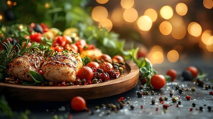 Fototapete - Elegant wooden plate with delicious food items placed on a background with a soft glowing bokeh effect for a cozy festive ambiance  Perfect for holiday or seasonal food photography recipe display