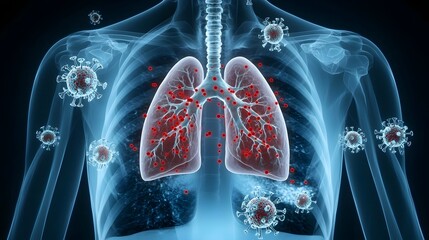 Aufkleber - Futuristic X ray Image Highlighting Lung Infection with Red Particles and Vessels in Critical State   Conceptual Medical Showcasing Respiratory Disease and Critical Healthcare Condition
