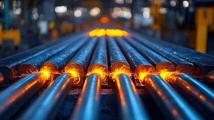 Poster - image of heated metal rods glowing with intense light as they move on a conveyor system under the conditions of an active industrial factory setting