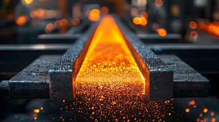 Poster - image of heated metal rods glowing with intense light as they move along a conveyor system within an industrial factory setting  The rods appear to be part of a manufacturing or metalworking process