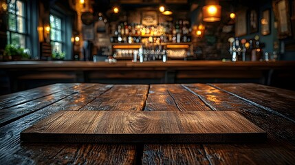 Fototapete - Inviting Rustic Countryside Bar Interior with Wooden Table Board in the Foreground and a Warm Cozy Atmosphere in the Background