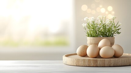 Fototapete - Minimalist and elegant food photography setup featuring a wooden plate as a side background with a glowing bokeh effect that enhances the natural organic composition of the scene