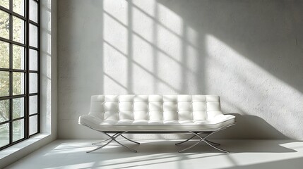 Poster - Minimalist and modern studio design featuring a white sofa chair set against a wall with soft natural shadows creating a serene and airy environment