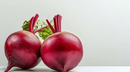 Two red beets are sitting on a white table. The beets are fresh and ready to be eaten