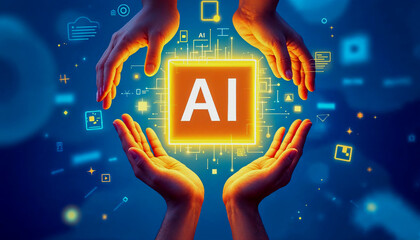 Poster - Hand holding a glowing AI symbol in a futuristic digital environment