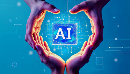 Poster - Hand holding a glowing AI symbol in a futuristic digital environment