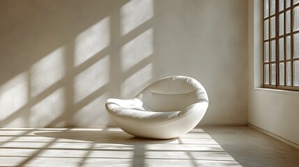 Poster - Minimalist white studio space with warm natural light streaming in beautifully highlighting a sleek modern white sofa chair as the focal point of the serene peaceful interior design