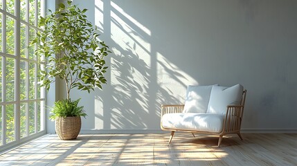 Aufkleber - Minimalist studio design featuring a comfortable white sofa chair and soft natural shadows on the walls creating a tranquil and serene atmosphere with an airy and bright ambiance