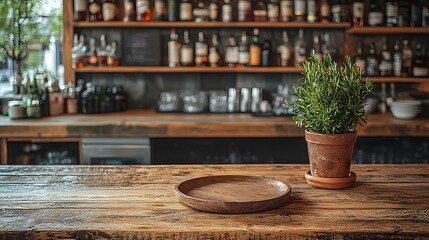 Fototapete - Rustic bar background featuring a wooden table with a simple ceramic plate in the foreground creating a warm inviting atmosphere with natural organic elements and a cozy artisanal vibe