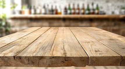 Aufkleber - Rustic countryside bar background with a weathered wooden table in the foreground creating an inviting and charming setting ideal for product display mockups advertising packaging