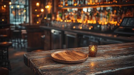 Fototapete - Rustic countryside bar featuring a natural wooden plate on a weathered table illuminated by golden soft bokeh lighting creating a warm and cozy ambiance
