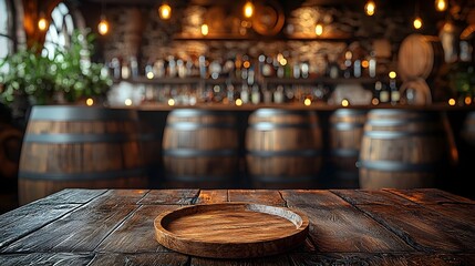 Poster - Rustic Countryside Bar with Wooden Plate on Table and Barrels Accenting the Dim Lighting and Cozy Ambiance