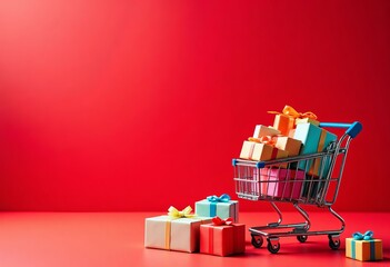 Wall Mural - Shopping cart filled with gifts on red background