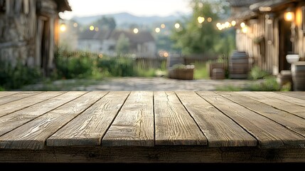 Fototapete - Rustic Countryside Bar Scene with Detailed Wooden Table in Foreground and Blurred Cozy Background with Warm Lighting  Relaxing Outdoor Dining or Social Gathering Atmosphere