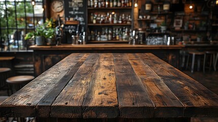 Fototapete - Rustic wooden bar table in the foreground with vintage decor elements bottles and lighting in the background creating a cozy warm and moody ambiance for a relaxing intimate gathering or socializing