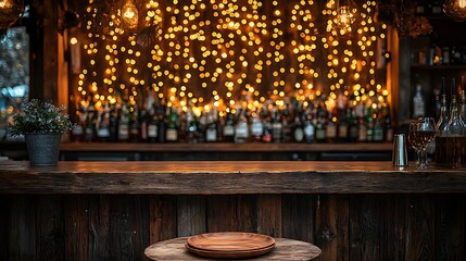 Poster - Rustic wooden bar table and plate in the foreground surrounded by a warm and captivating golden bokeh glow creating a cozy and sophisticated ambiance for a festive or intimate nightlife experience