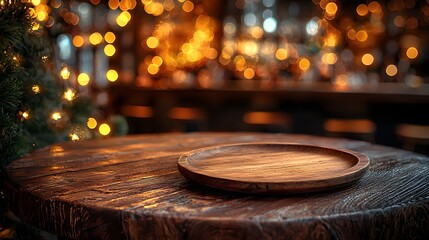 Aufkleber - Rustic wooden plate in the foreground on a countryside bar table surrounded by a warm golden bokeh glow in a cozy elegant interior scene
