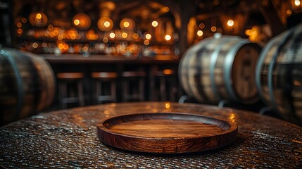 Fototapete - Rustic wooden plate placed on a textured table in the foreground with a cozy countryside bar featuring barrels and dim lighting in the background creating a moody and inviting atmosphere