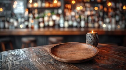 Fototapete - Rustic wooden plate resting on a textured table surrounded by a dreamy soft bokeh glow in the background of a cozy countryside bar  The natural organic elements create a warm inviting atmosphere