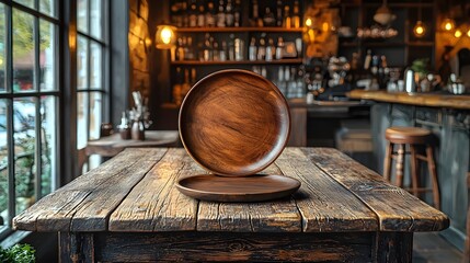 Fototapete - Rustic wooden plate resting on a natural wooden table in a cozy warm lit bar setting with vintage decor and furnishings creating a homey and intimate ambiance