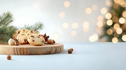Fototapete - Rustic wooden plate used as a side background surrounded by a warm glowing bokeh effect creating a cozy and festive atmosphere for food photography or holiday table setting