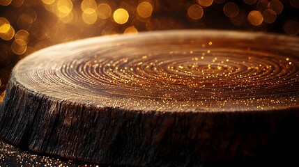 Fototapete - Rustic wooden plate with a natural finish and warm cozy golden bokeh glow creating a serene and elegant background