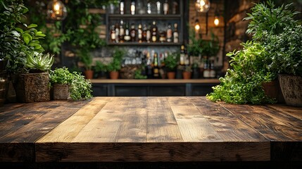 Fototapete - Rustic wooden table board in the foreground of a cozy inviting countryside bar setting with a warm natural atmosphere in the background