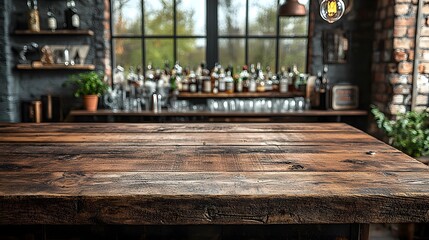 Fototapete - Rustic wooden table board in the foreground of a vintage inspired bar interior scene with various decor elements such as bottles glasses and shelves creating a cozy atmospheric ambiance
