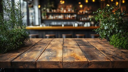 Fototapete - Rustic wooden table board in the foreground showcasing a warm natural texture and cozy ambiance ideal for mock up designs product photography and lifestyle imagery