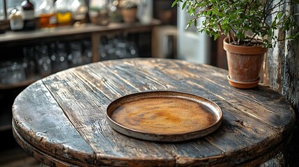 Fototapete - Rustic Wooden Table with Weathered Plate in the Foreground   Cozy Bar or Cafe Background Perfect for Creating Displays Presentations or Product Shots