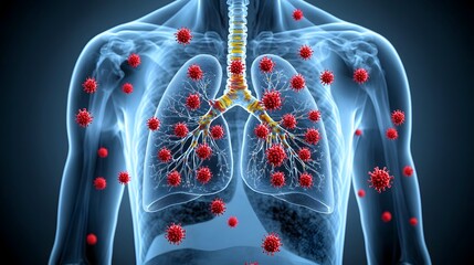 Aufkleber - Semi Transparent X Ray Visualization of Human Lungs Showing Red Viral Particles and Surrounding Floating Clusters on a Dark Background